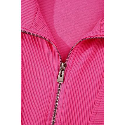 Rose Red Textured Short Sleeve Half Zip Drawstring Waist Romper
