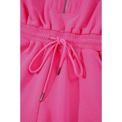 Rose Red Textured Short Sleeve Half Zip Drawstring Waist Romper