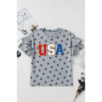 Gray USA Letter Patched Star Printed Ruffle Trim Sleeves Loose Tee