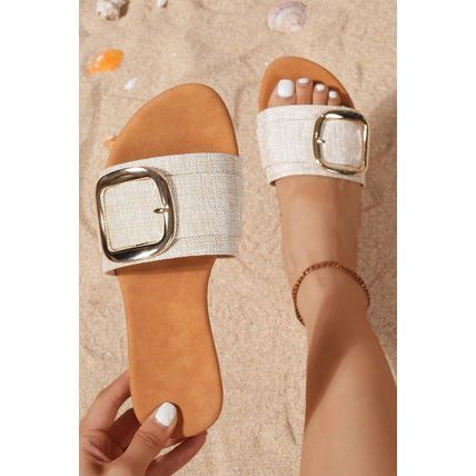 Beige Buckle Decor Linen Upper Flat Slippers