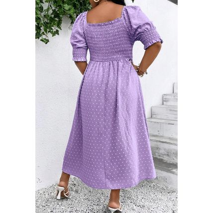 Wisteria Swiss Dot Smocked Frilled Neckline Short Sleeve Plus Size Dress