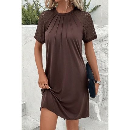 Dark Brown Contrast Lace Raglan Sleeve Pleated Detail Shift Dress