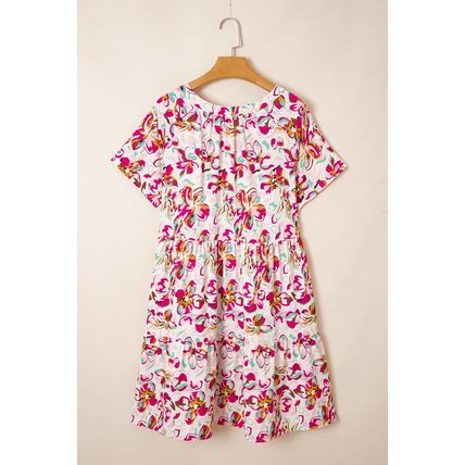 White Abstract Print V Neck Short Sleeve Ruffled Plus Size Mini Dress