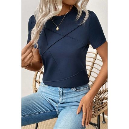 Dirty blue Solid Color Toothpick Stripe Round Neck T Shirt