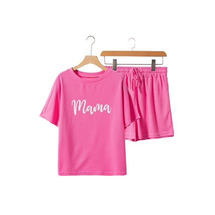 Rose Red Waffle mama Embroidered Tee and Drawstring Shorts