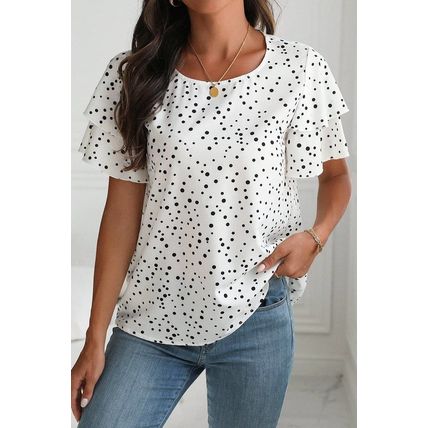 White Dalmatian Print Layered Ruffled Short Sleeve Blouse