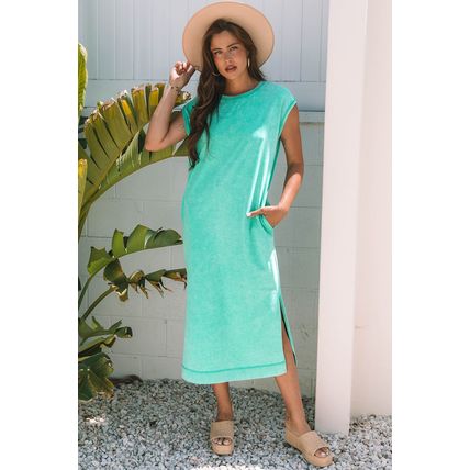 Clearly Aqua Mineral Wash Pocketed T-shirt Long Dress