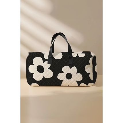 Black Flower Print Quilted Large Duffel Bag