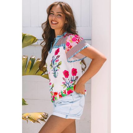 Pink Floral Striped Patchwork Short Sleeve Split Neck Blouse