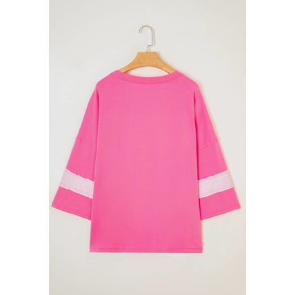 Pink Star Patched Colorblock Raw Edge Bracelet Sleeve Plus Size Loose Tee