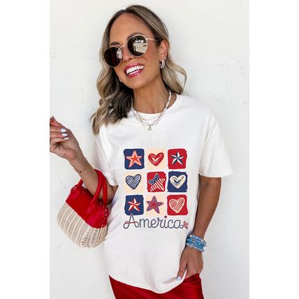 White American Heart Star Checkered Graphic Tee