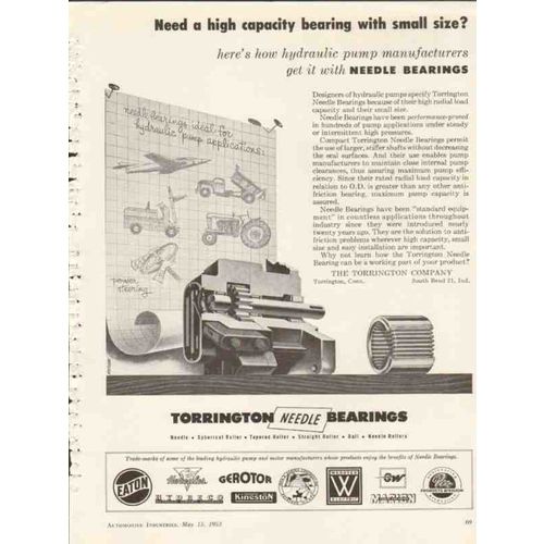 torrington company 1953 small size high capacity bearings vintage ad