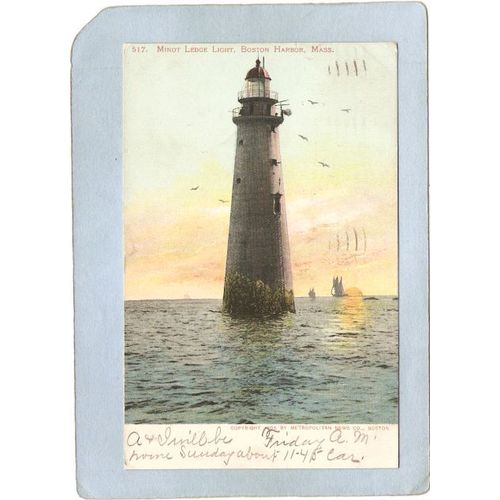 MA Boston Harbor Lighthouse Postcard Minot's Ledge Light Undivided Back li~466