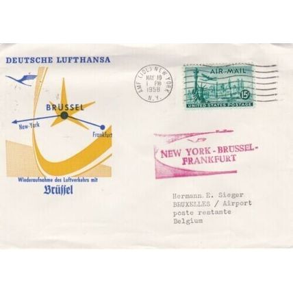 United States 1958 Lufthansa New York -Brussel-Frankfurt FF Cover typed VGC