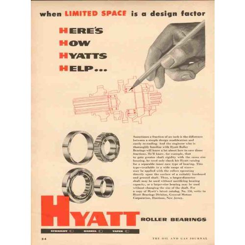 HYATT ROLLER BEARINGS 1954 limited space design factor help vintage ad