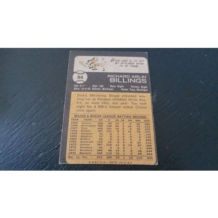 1973 Topps Card # 094 Dick Billings Very Good (3) Texas Rangers