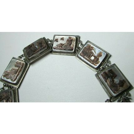 Vintage 800 Silver Carved Shell Cameo 6.5" Bracelet 7 Days of Week Giovanni Apa