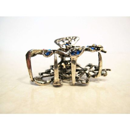 Jeweled antique style silver metal butterfly hair claw clips with crystals