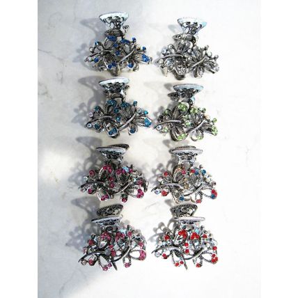 Jeweled antique style silver metal butterfly hair claw clips with crystals
