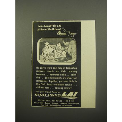 1956 LAI Italian Airlines Ad - Italia-bound? Fly LAI Airline of the Urbane!