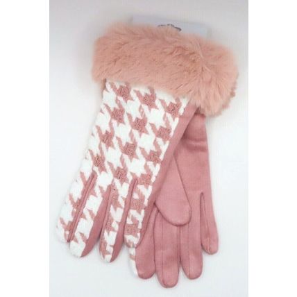 Ladies Gloves Pink Check Pattern with Faux Fur Cuff Winter Warmer Gift