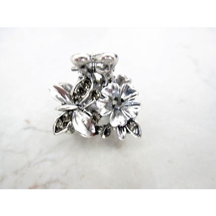Small mini silver metal gray flower butterfly crystal hair claw clip bridal clip