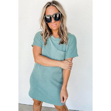 Blue Striped Ribbed Knit T-shirt Shift Dress