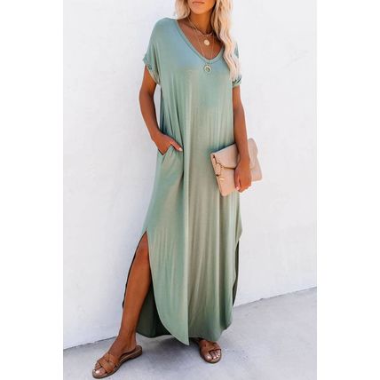 Grass Green V Neck Hidden Pocket Splits Maxi T-shirt Dress