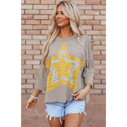 Medium Grey Floral Starbust Exposed Seam Mineral Wash Top