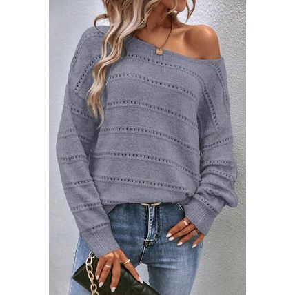 Light Grey Boat Neck Drop Shoulder Pointelle Knit Sweater