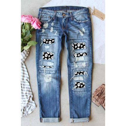 Sky Blue Halloween Skull Patchwork Distressed Straight Jeans