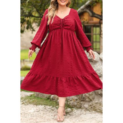 Fiery Red Lace-up Ruched Front Long Sleeve Ruffle Hem Plus Size Midi Dress