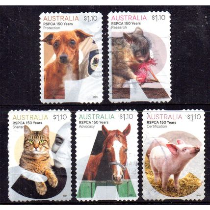 AUSTRALIA: 2021 R.S.P.C.A 150 YEARS, SET OF 5 USED SELF-ADHESIVE STAMPS 258/659