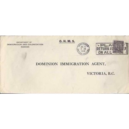 Canada Confederation Issue #144 1928 OHMS Vancouver BC, 2 OZ Drop Letter Rate