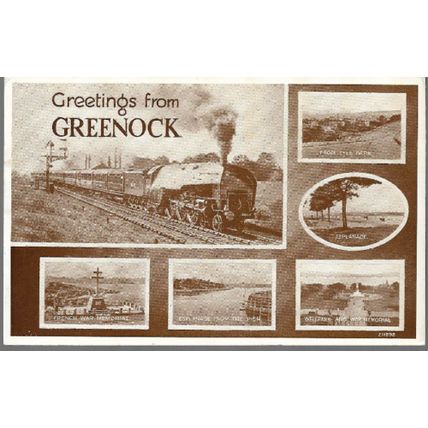 Greenock, Inverclyde - multiview: steam train, memorial - postcard, 1954 pmk