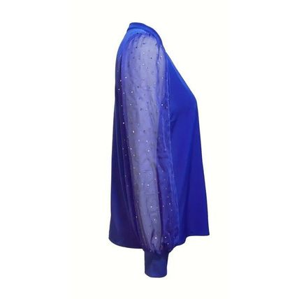 New Women's Fashion Medium Blue V-Neck Rhinestone Mesh Stitching Blouse