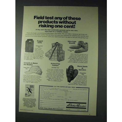 1973 Eddie Bauer Ad - Goose Down Cap, Downlight Vest