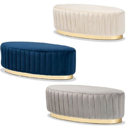 Oval Ottoman Beige Gray Blue Padded Velvet Gold PU Base Glam Luxe Channel Tufted