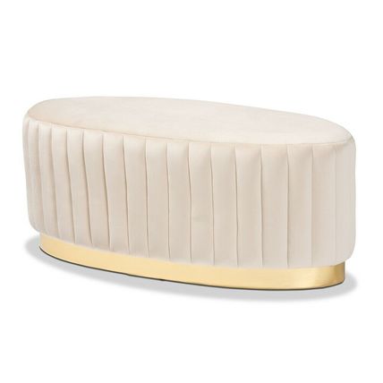 Oval Ottoman Beige Gray Blue Padded Velvet Gold PU Base Glam Luxe Channel Tufted
