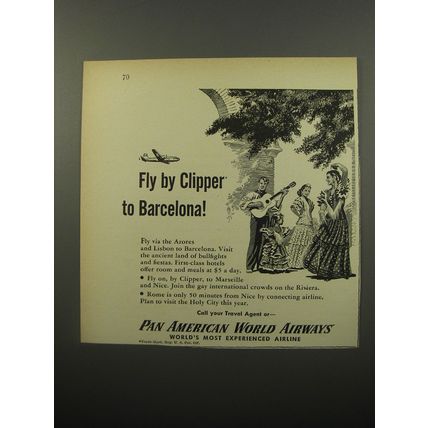 1950 Pan American World Airways Ad - Fly by Clipper to Barcelona!