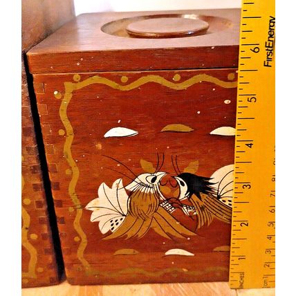 Vintage Japan Canister Box Wood Brown Lot Of 3 Square Imperial Fighting Roosters