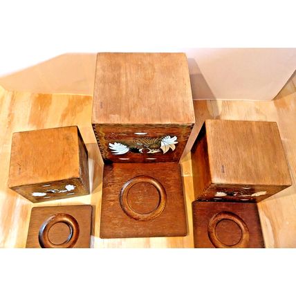 Vintage Japan Canister Box Wood Brown Lot Of 3 Square Imperial Fighting Roosters