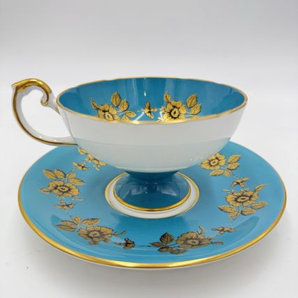 Vintage Aynsley Turquoise Gold Floral Tea Cup & Saucer #9582 Bone China England