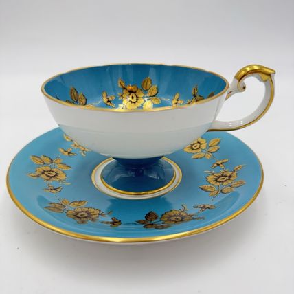 Vintage Aynsley Turquoise Gold Floral Tea Cup & Saucer #9582 Bone China England