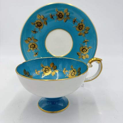 Vintage Aynsley Turquoise Gold Floral Tea Cup & Saucer #9582 Bone China England