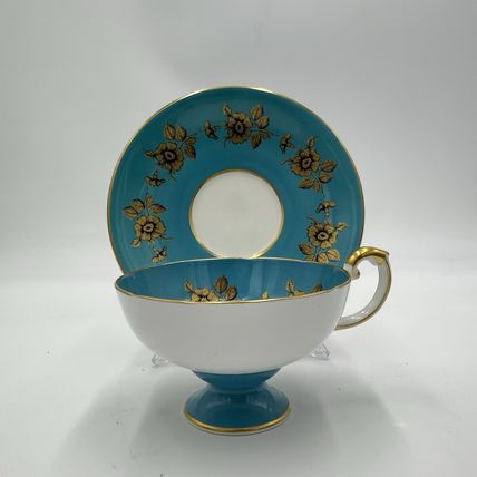 Vintage Aynsley Turquoise Gold Floral Tea Cup & Saucer #9582 Bone China England