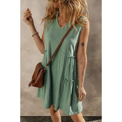 Moonlight Jade Split V Neck Tiered Flowy Sleeveless Dress