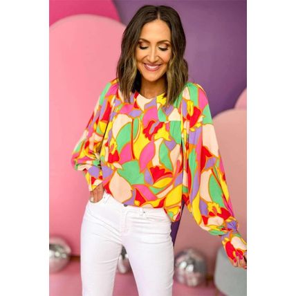 Yellow Abstract Print Puff Sleeve Blouse