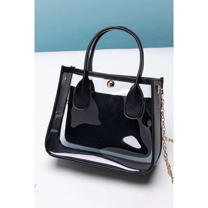 Black PVC PU Leather Patchwork Chain Strap Shoulder Bag