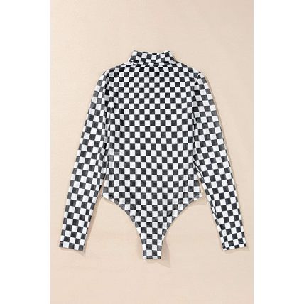 Black Checkered Printed Long Sleeve High Neck Bodysuit
